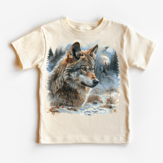Retro Wolf Watercolor Nature Scene Shirt - Kids Tee