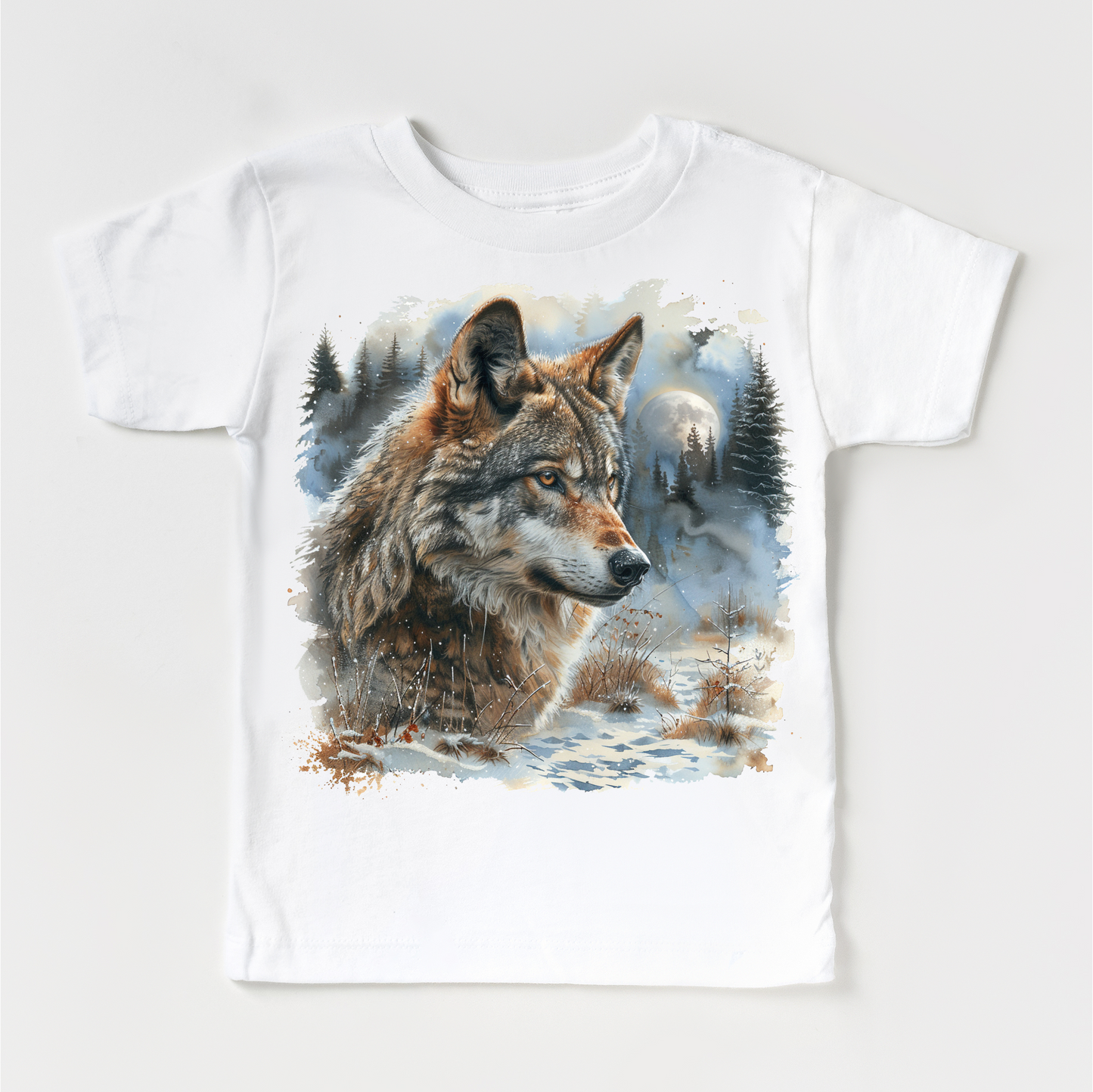 Retro Wolf Watercolor Nature Scene Shirt - Kids Tee
