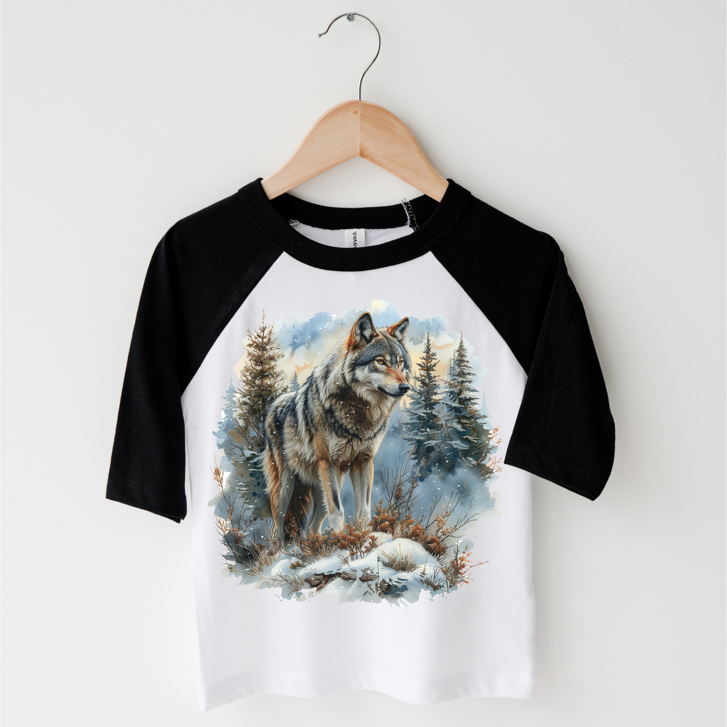Retro Wolf Watercolor Nature Scene Shirt - Kids Tee
