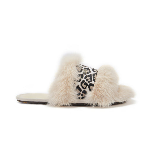 Snow Leopard Printed Cowskin Open Toe Mule Slipper Muchas Luxe