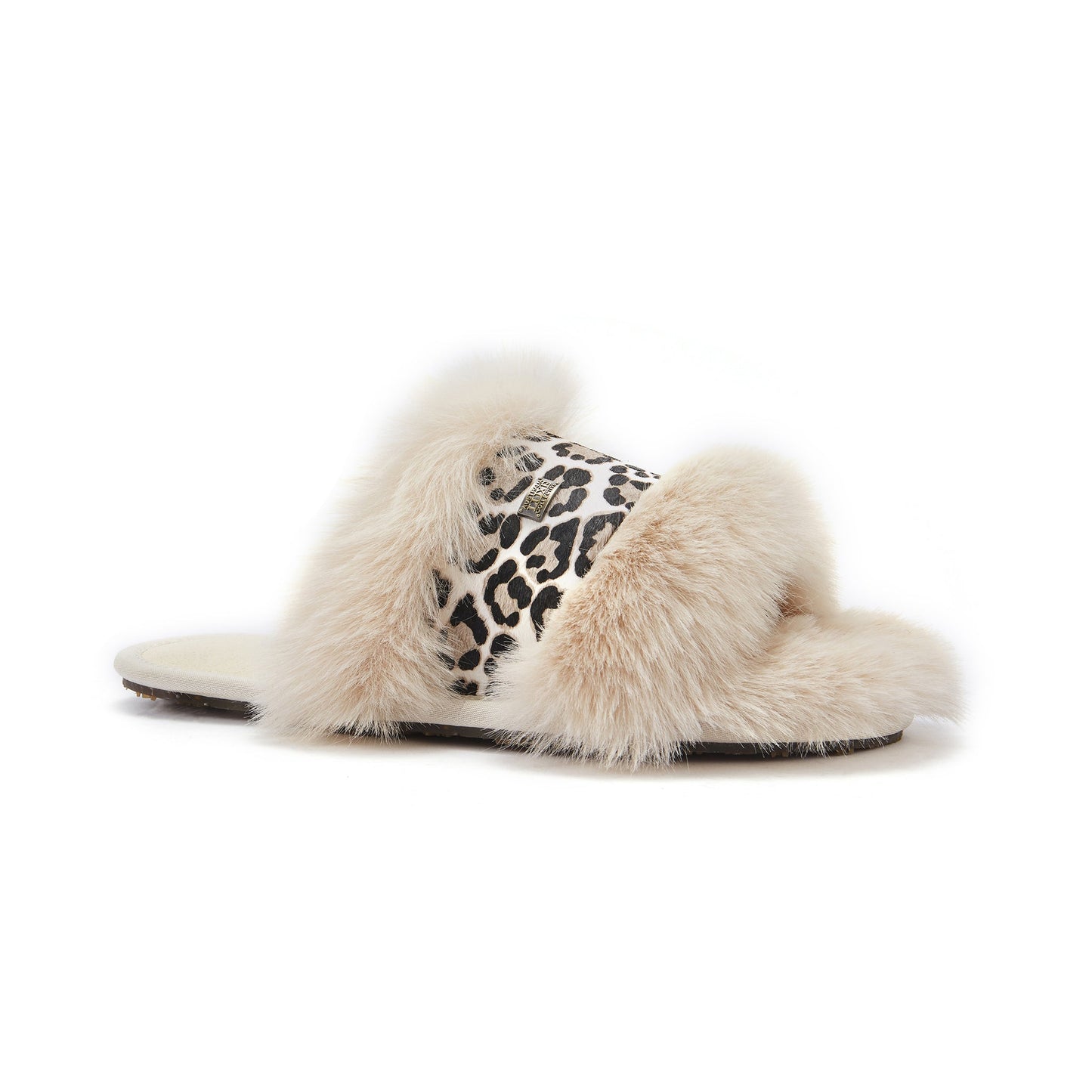 Snow Leopard Printed Cowskin Open Toe Mule Slipper Muchas Luxe