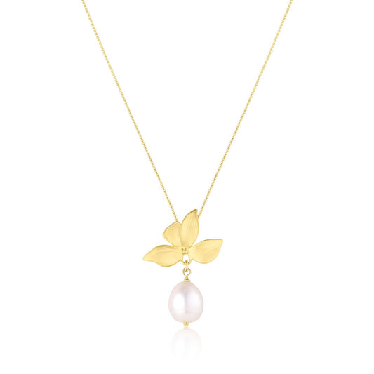 18k Gold Box Chain Necklace with 16k Gold Flower Pendant and Freshwater Pearl Maeve Necklace