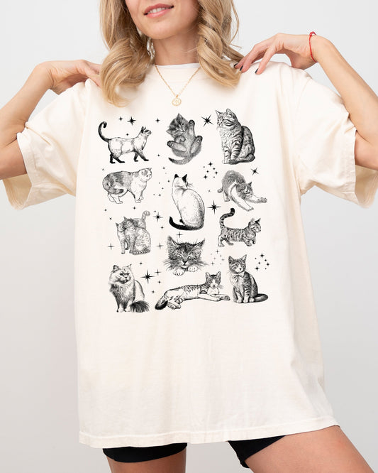 Magical Cats Vintage Hand Drawn Multiple Cat Kitten Breeds With Tarot Sparkles, Halloween, Spooky Shirt Comfort Colors T-Shirt
