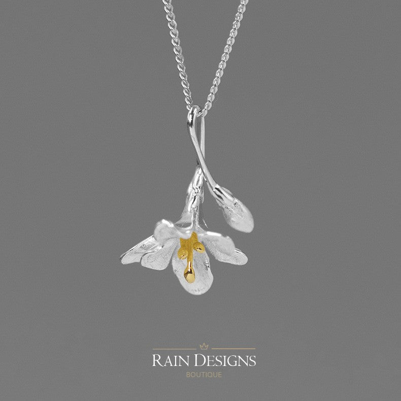English Freesia 925 Silver Floral Necklace 18K Gold Plated