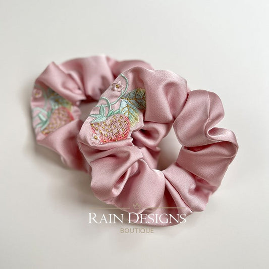 Strawberry Pattern Embroidered Silk Scrunchies