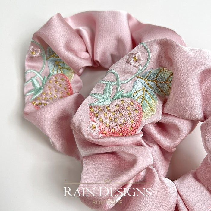 Strawberry Pattern Embroidered Silk Scrunchies