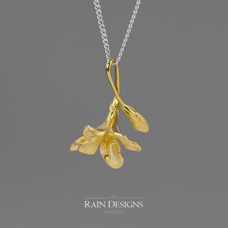 English Freesia 925 Silver Floral Necklace 18K Gold Plated
