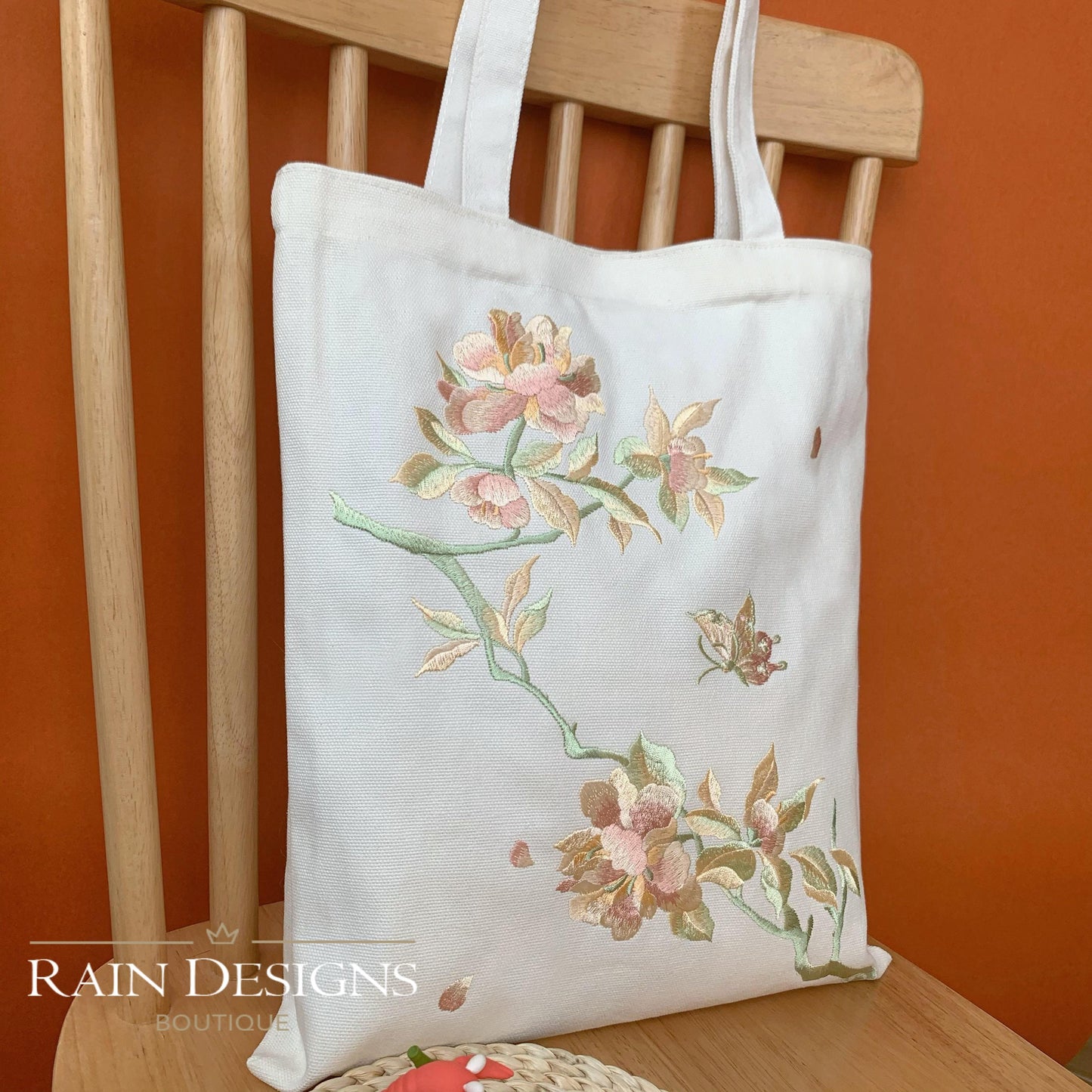 Peony Floral Embroidery Canvas Tote Bag