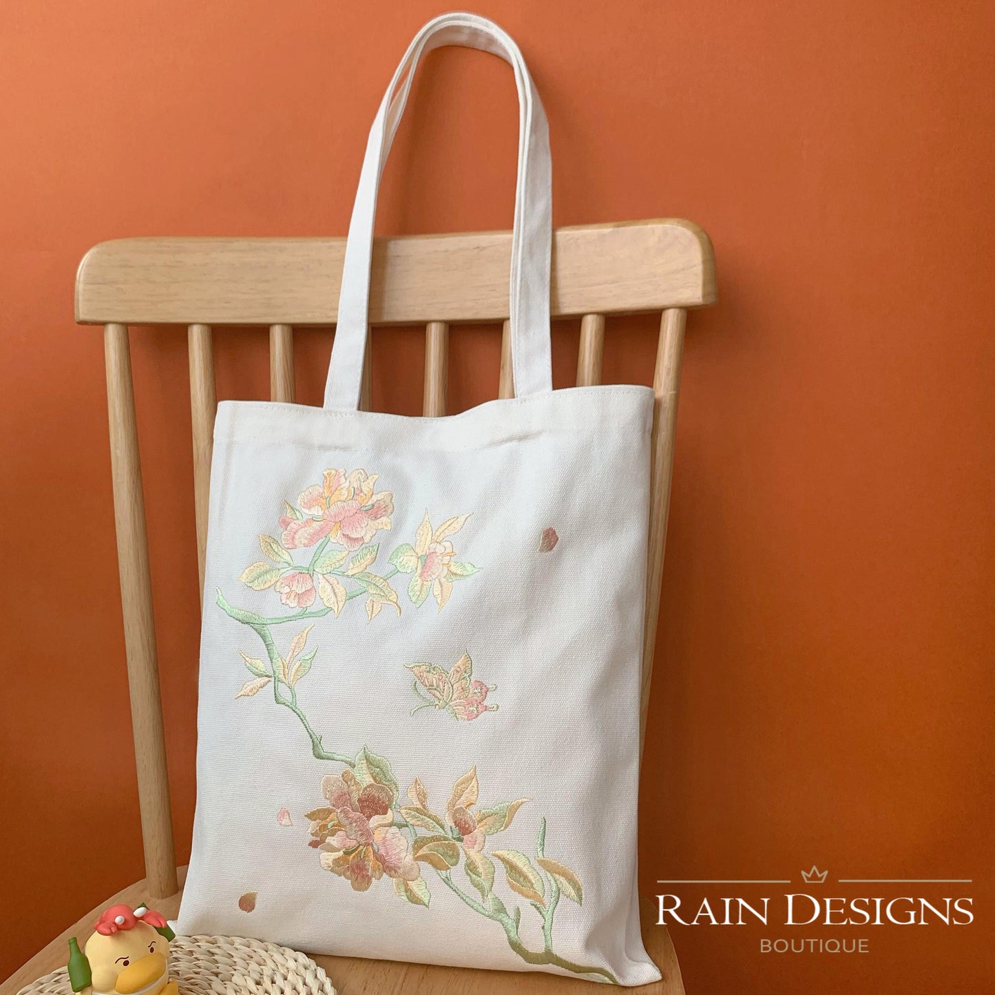 Peony Floral Embroidery Canvas Tote Bag