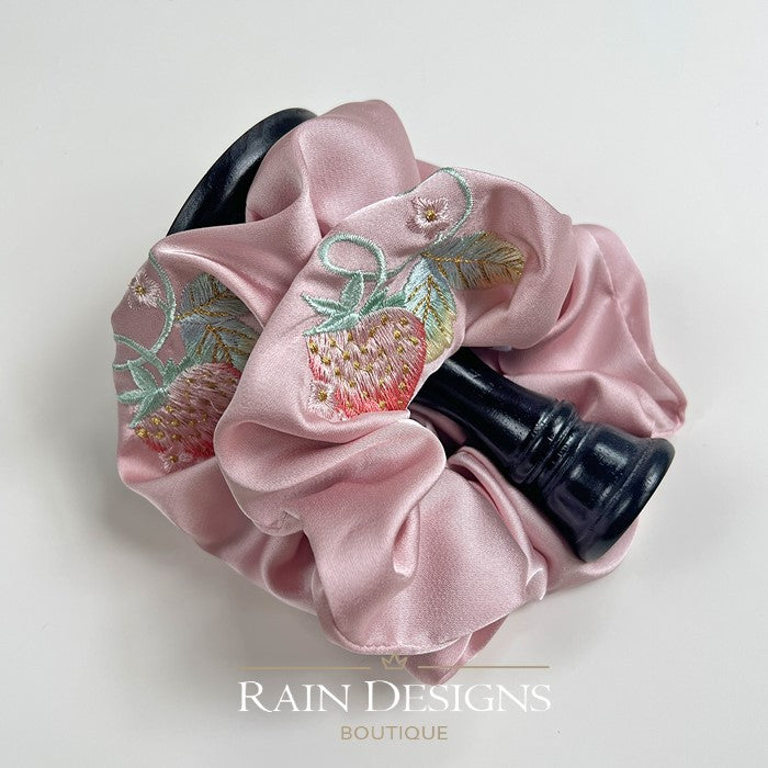 Strawberry Pattern Embroidered Silk Scrunchies