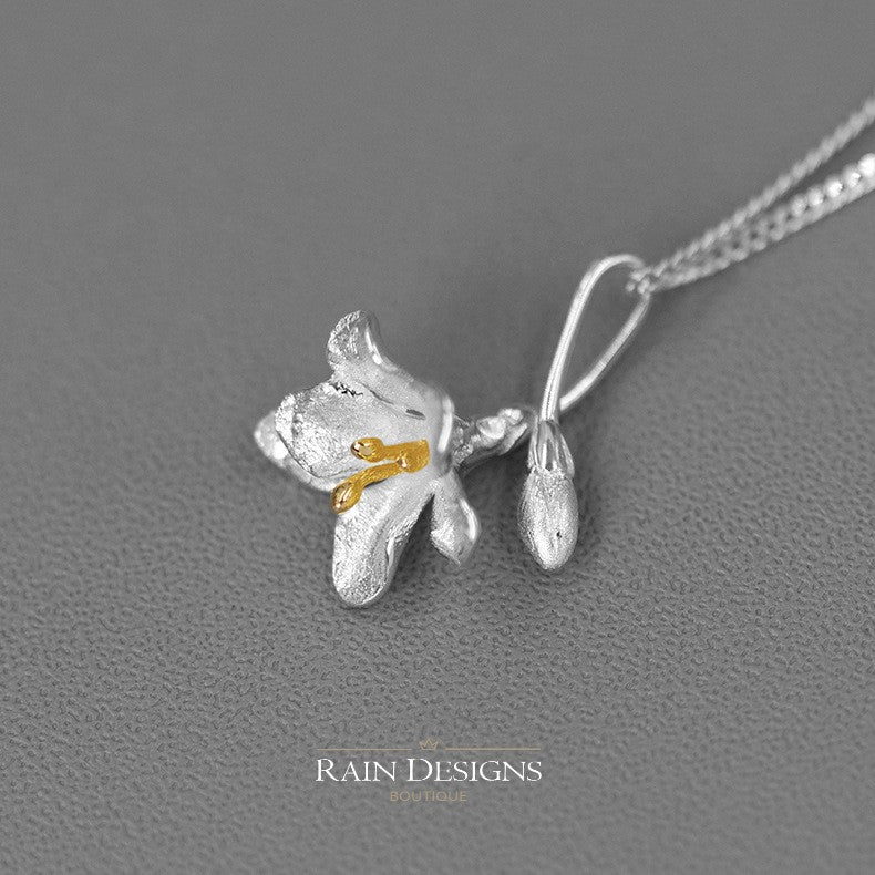 English Freesia 925 Silver Floral Necklace 18K Gold Plated