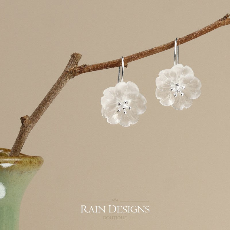 Flower in the Rain White Crystal 925 Silver Dangle Earrings
