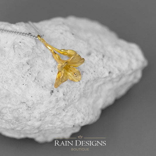 English Freesia 925 Silver Floral Necklace 18K Gold Plated