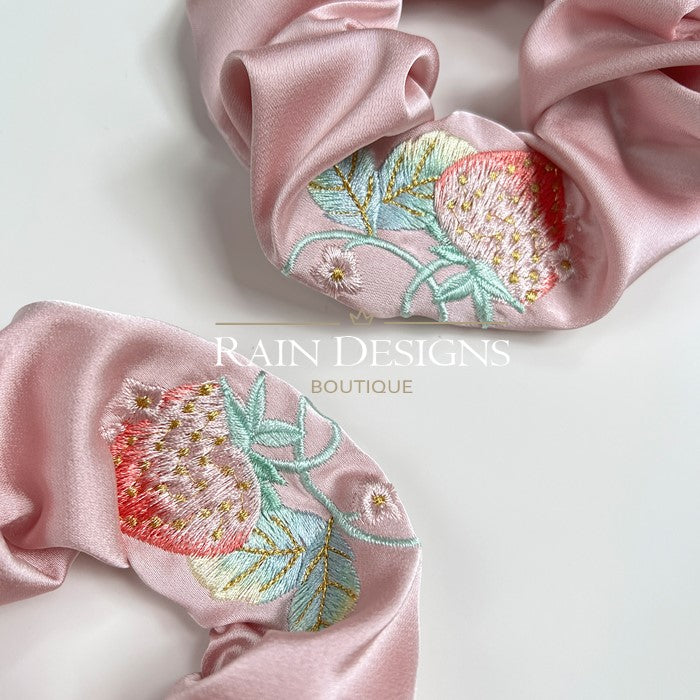 Strawberry Pattern Embroidered Silk Scrunchies