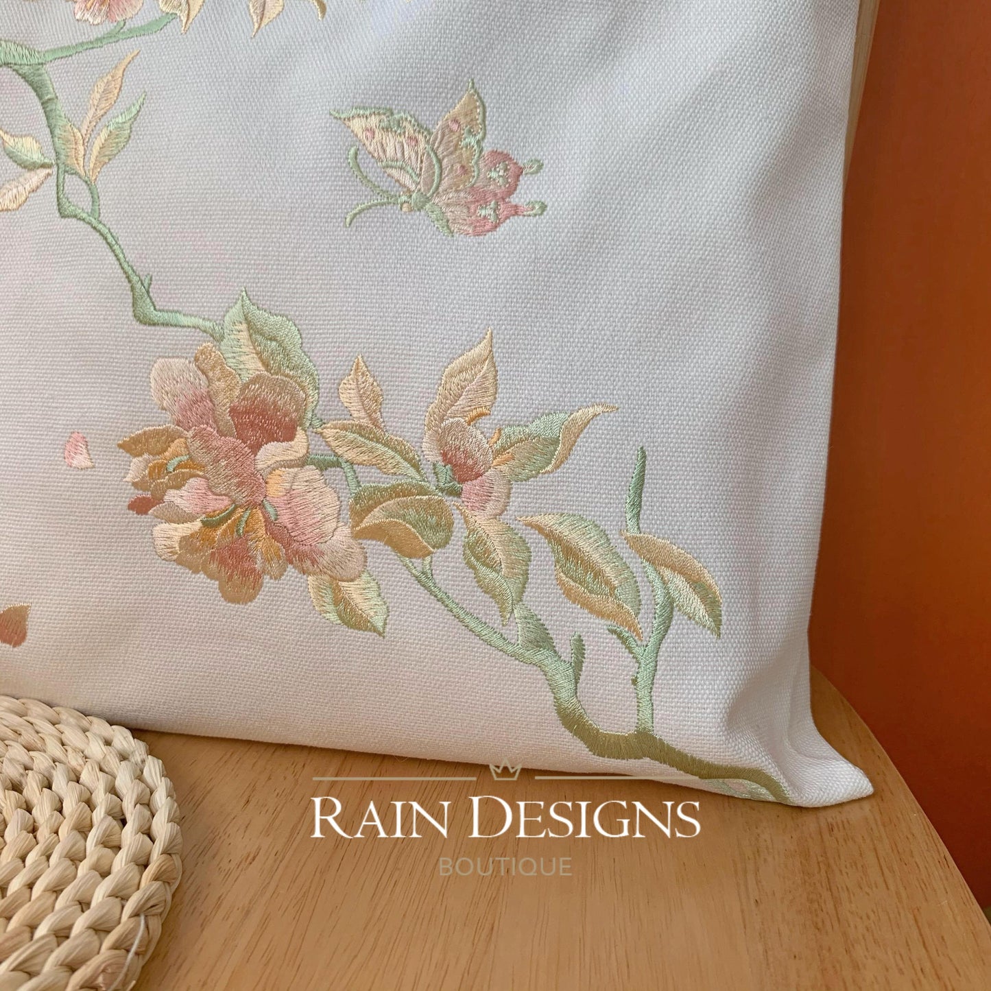 Peony Floral Embroidery Canvas Tote Bag