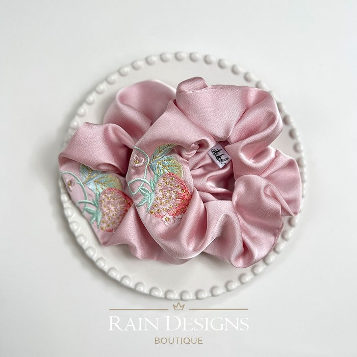 Strawberry Pattern Embroidered Silk Scrunchies