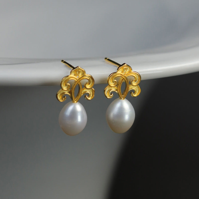 French Spring Natural Pearl Stud Earrings 18K Gold Plated 925 Silver