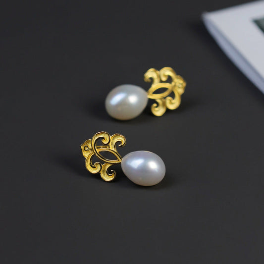 French Spring Natural Pearl Stud Earrings 18K Gold Plated 925 Silver