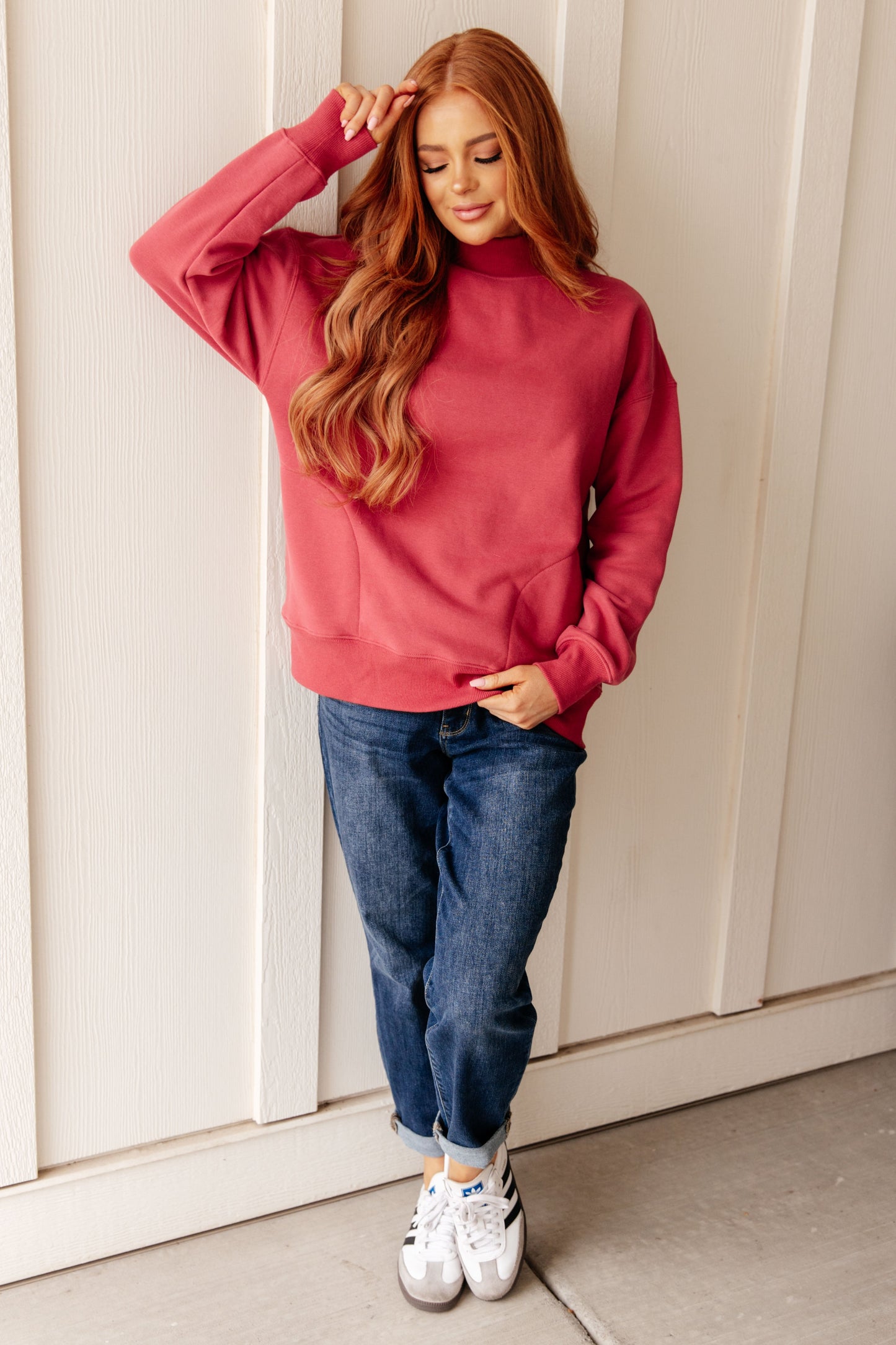 Make No Mistake Cranberry Mock Neck Pullover Sweatshirt Fleece