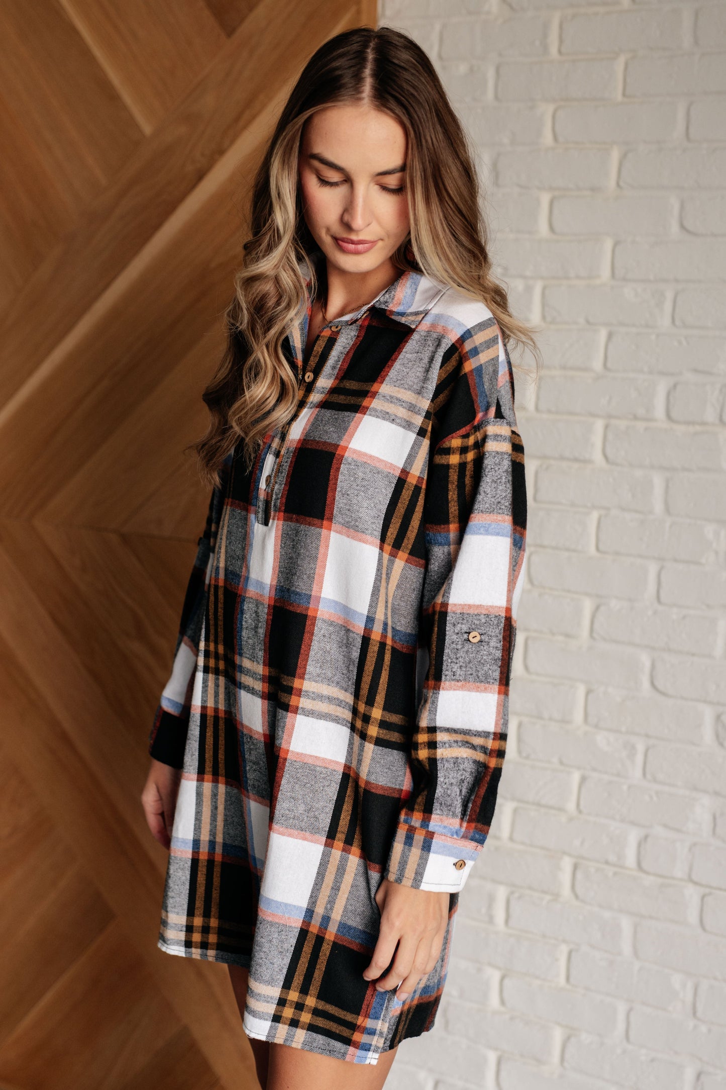 Plaid Shirt Dress Collared Neckline Long Sleeve Make it Right