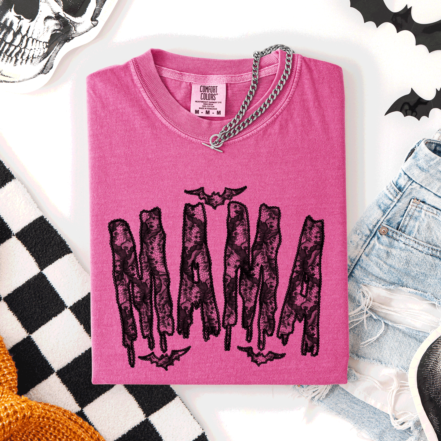 Mama, Faux Lace, Halloween, Coquette, Cute, Comfort Colors T-Shirt