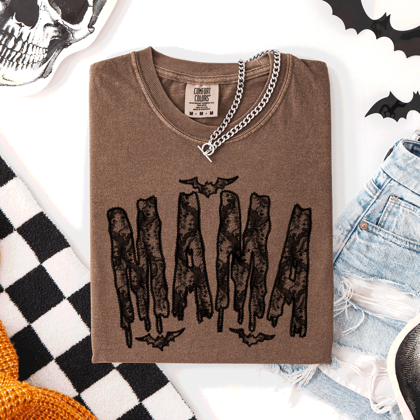 Mama, Faux Lace, Halloween, Coquette, Cute, Comfort Colors T-Shirt