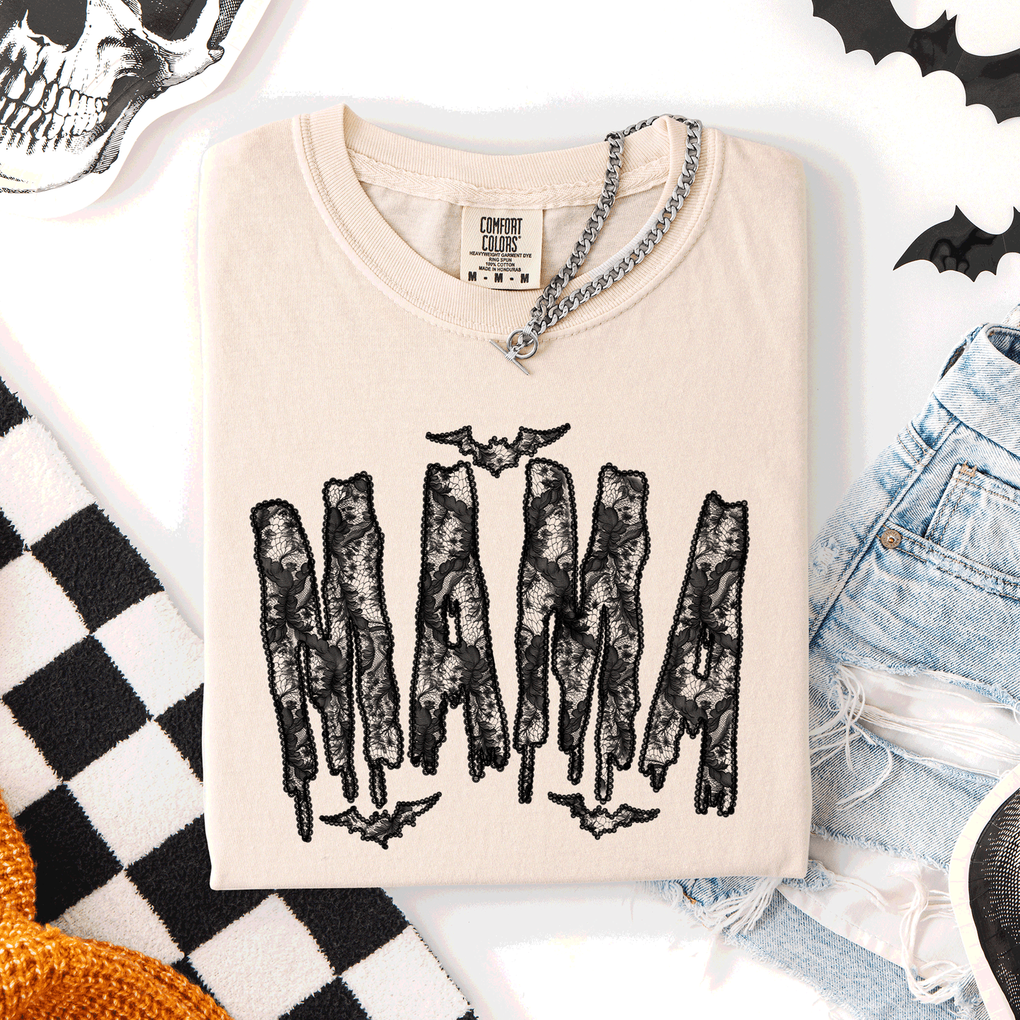 Mama, Faux Lace, Halloween, Coquette, Cute, Comfort Colors T-Shirt