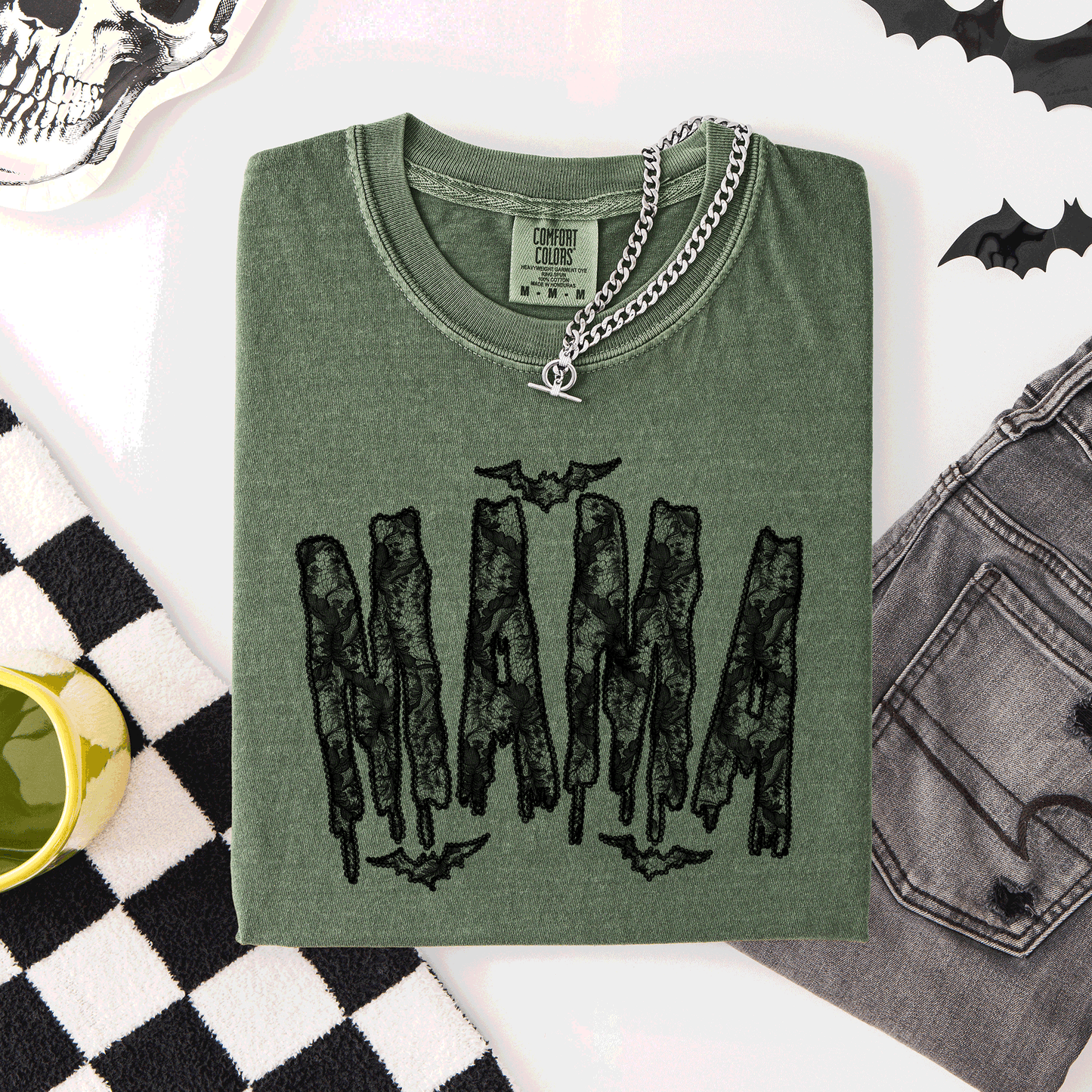 Mama, Faux Lace, Halloween, Coquette, Cute, Comfort Colors T-Shirt