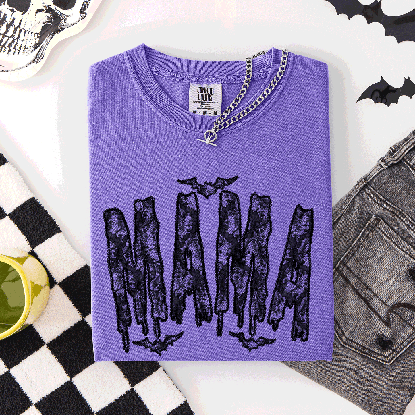 Mama, Faux Lace, Halloween, Coquette, Cute, Comfort Colors T-Shirt