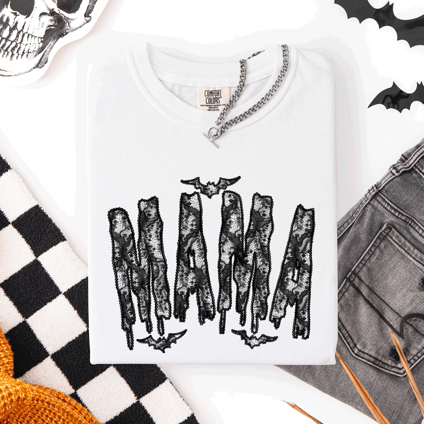 Mama, Faux Lace, Halloween, Coquette, Cute, Comfort Colors T-Shirt