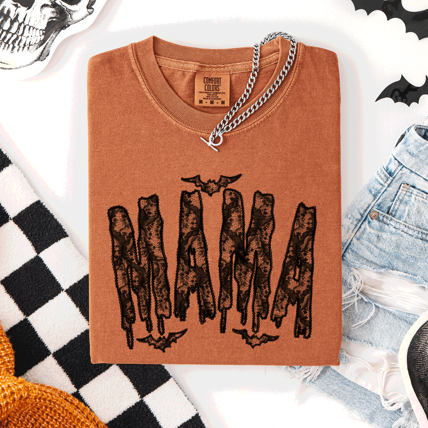 Mama, Faux Lace, Halloween, Coquette, Cute, Comfort Colors T-Shirt