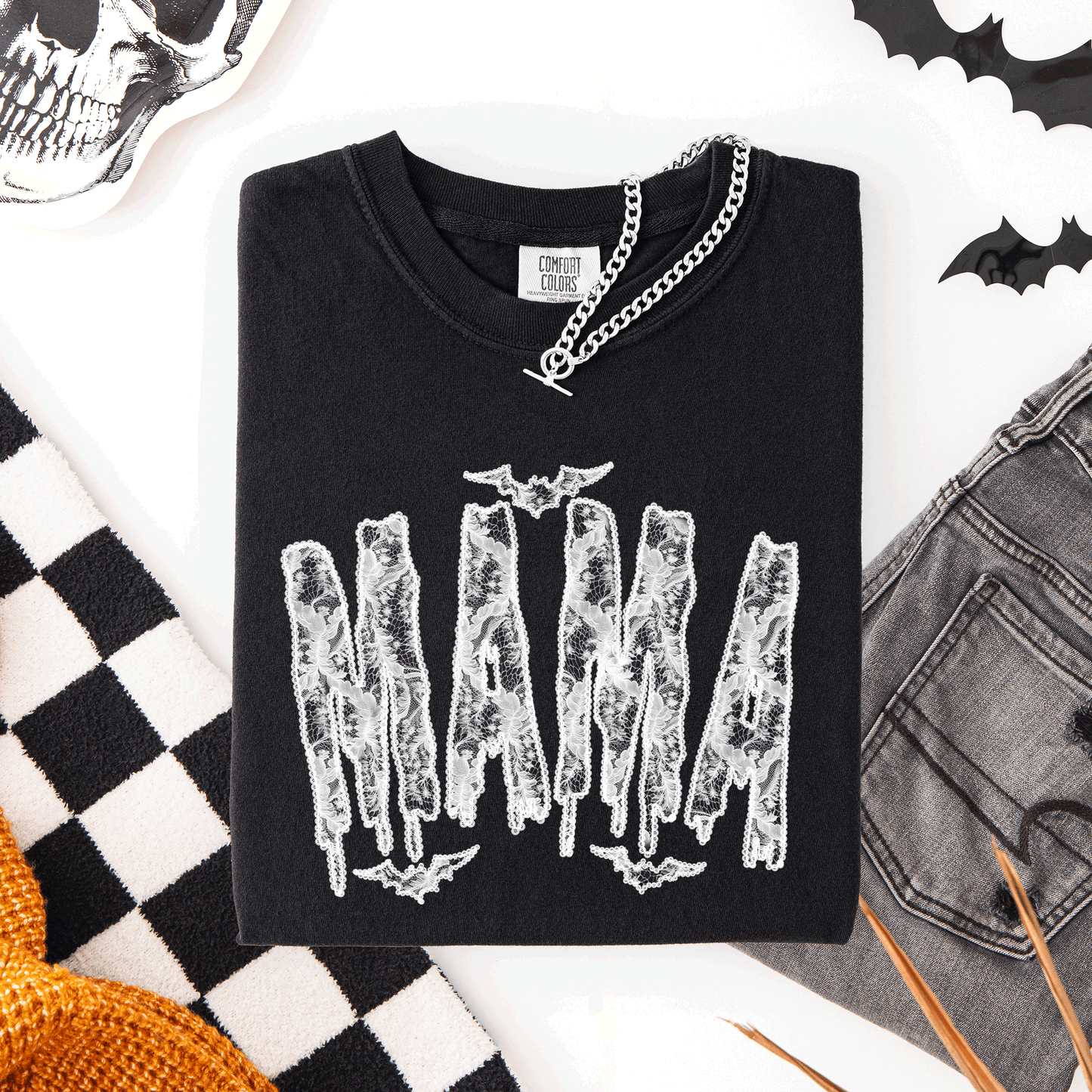 Mama, Faux Lace, Halloween, Coquette, Cute, Comfort Colors T-Shirt