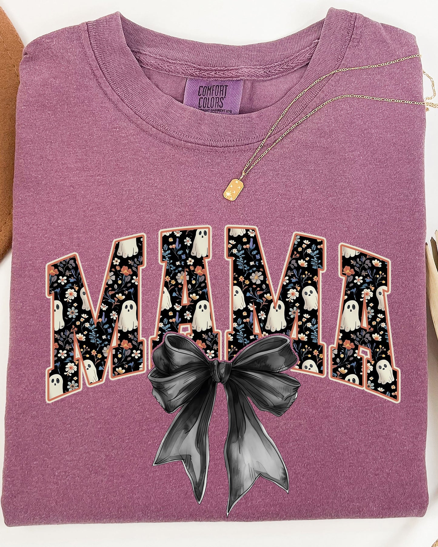 Mama, Halloween, Bow, Ribbon, Goth, Spooky, Witch, Varsity, Collegiate Shirt Comfort Colors T-Shirt