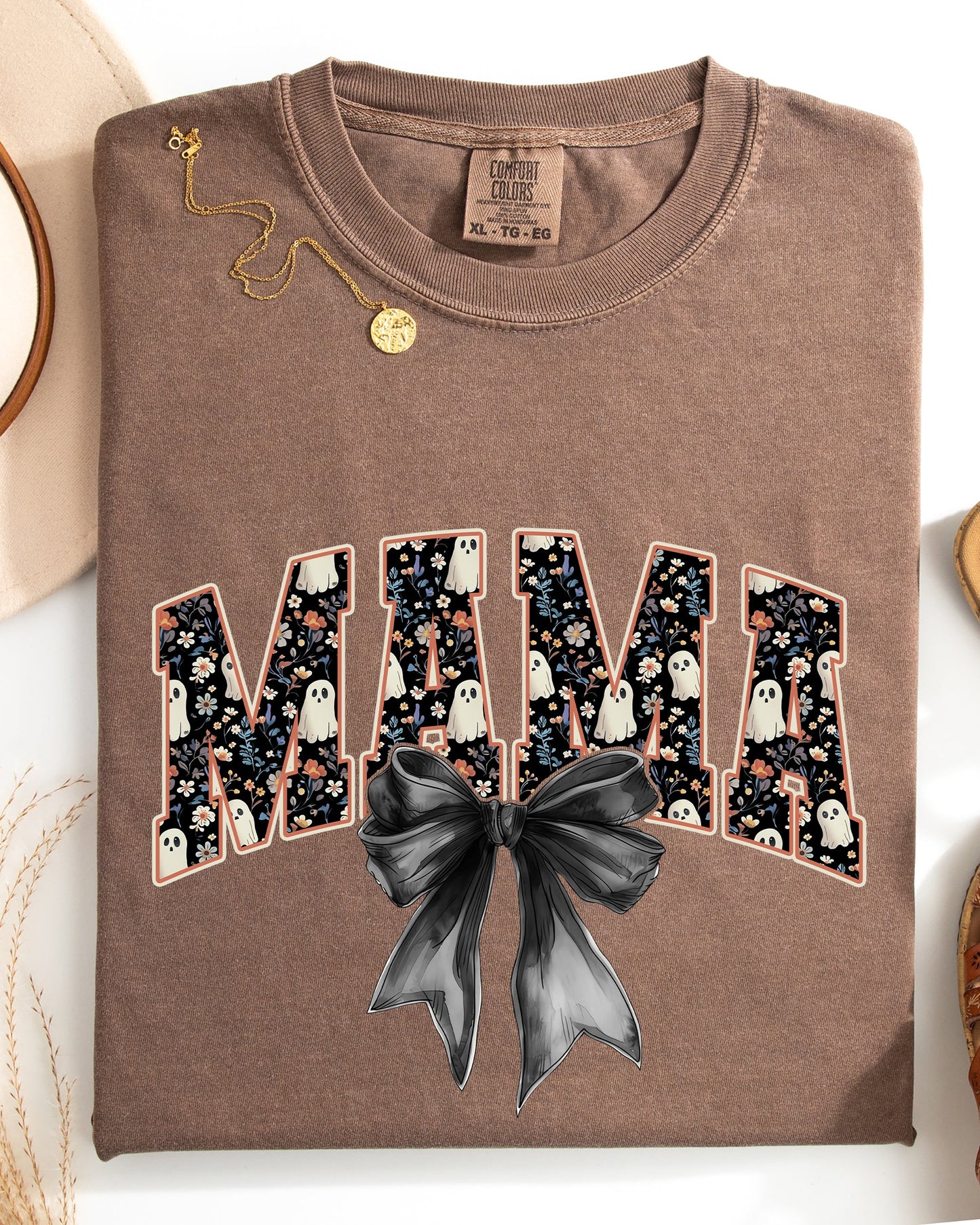 Mama, Halloween, Bow, Ribbon, Goth, Spooky, Witch, Varsity, Collegiate Shirt Comfort Colors T-Shirt
