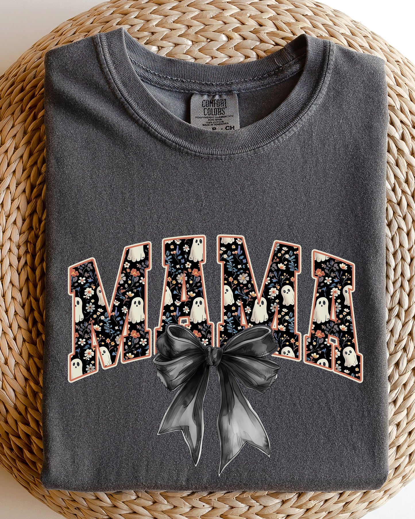 Mama, Halloween, Bow, Ribbon, Goth, Spooky, Witch, Varsity, Collegiate Shirt Comfort Colors T-Shirt
