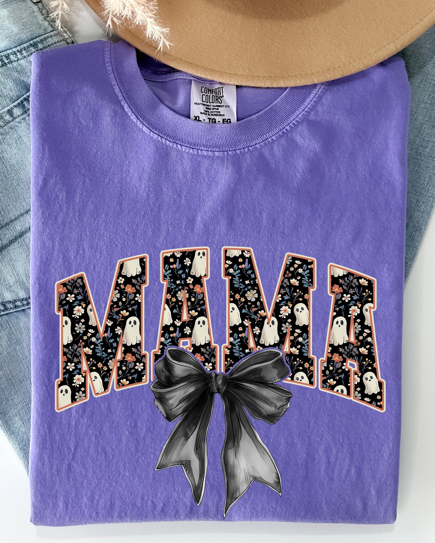 Mama, Halloween, Bow, Ribbon, Goth, Spooky, Witch, Varsity, Collegiate Shirt Comfort Colors T-Shirt