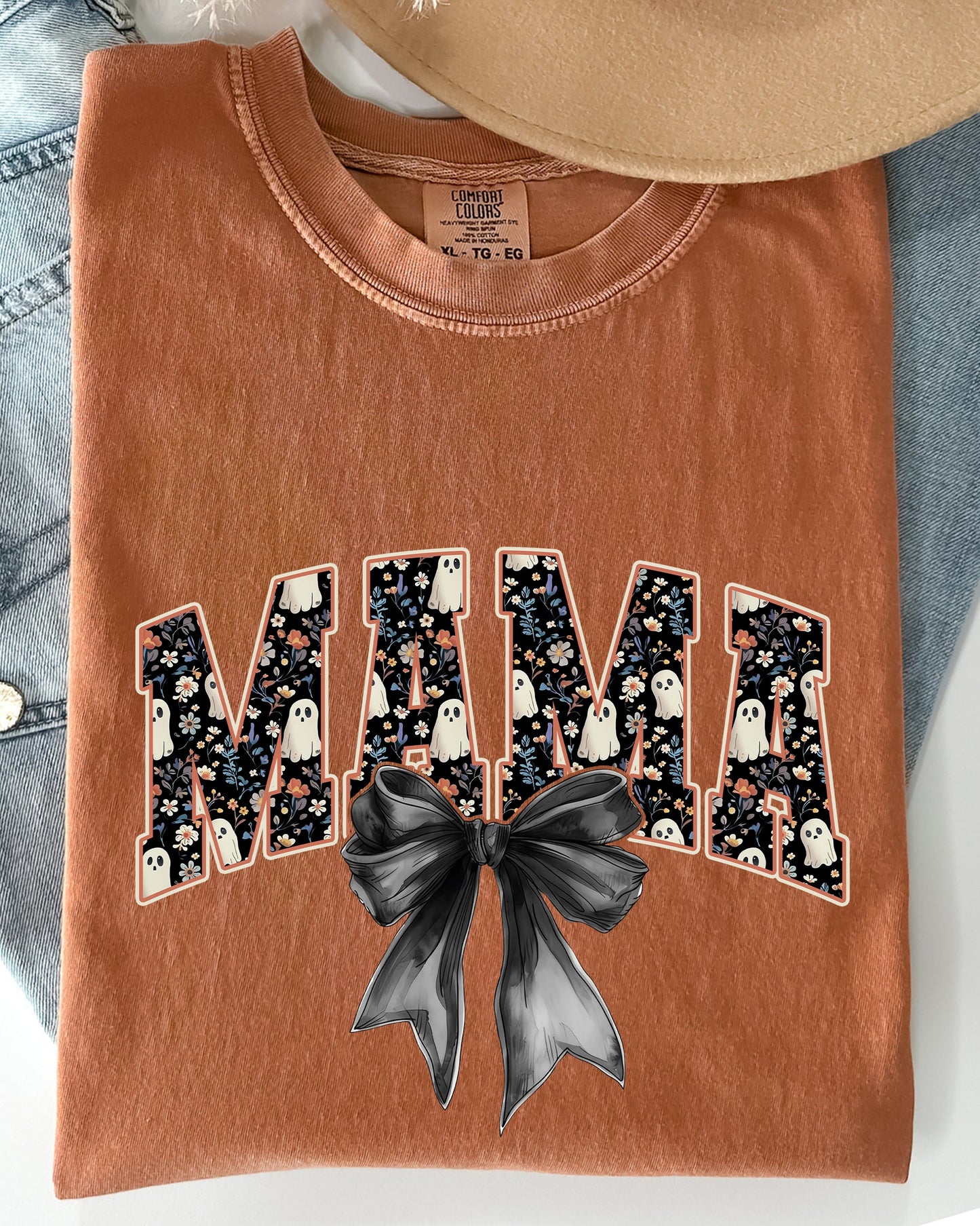 Mama, Halloween, Bow, Ribbon, Goth, Spooky, Witch, Varsity, Collegiate Shirt Comfort Colors T-Shirt