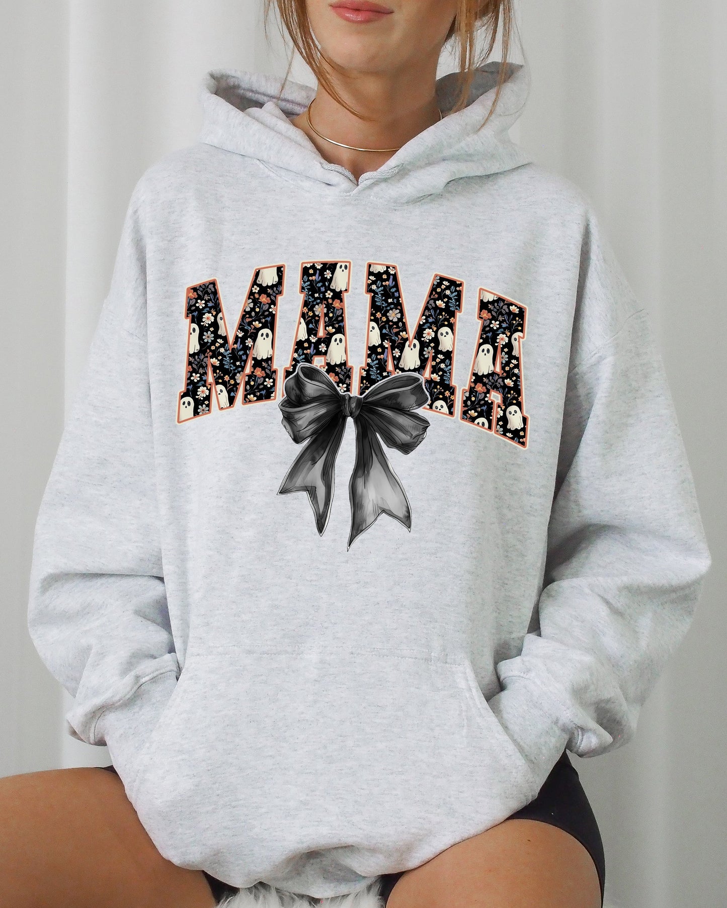 Mama, Halloween, Bow, Ribbon, Goth, Spooky, Witch, Varsity, Collegiate Hooded Sweatshirt