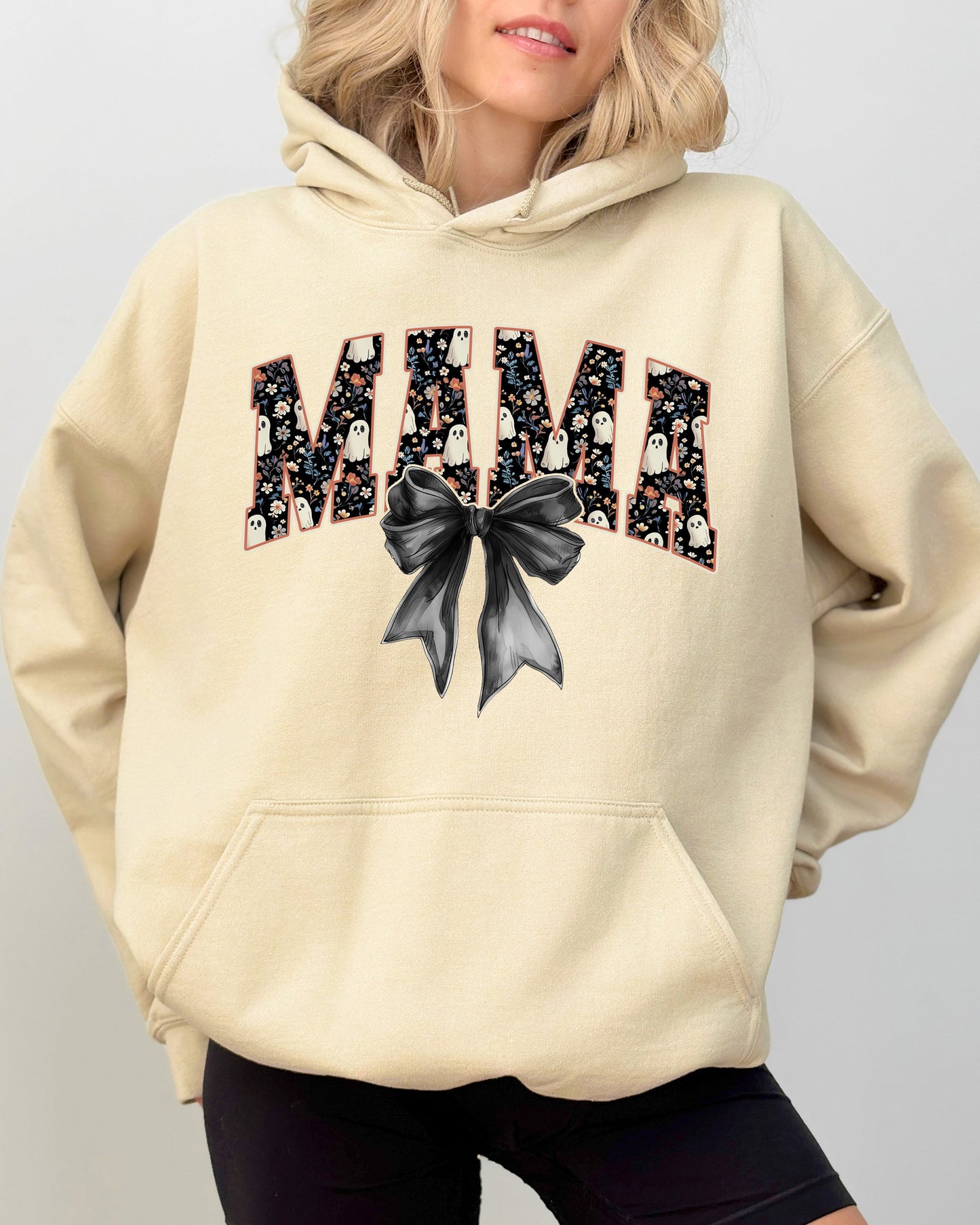 Mama, Halloween, Bow, Ribbon, Goth, Spooky, Witch, Varsity, Collegiate Hooded Sweatshirt