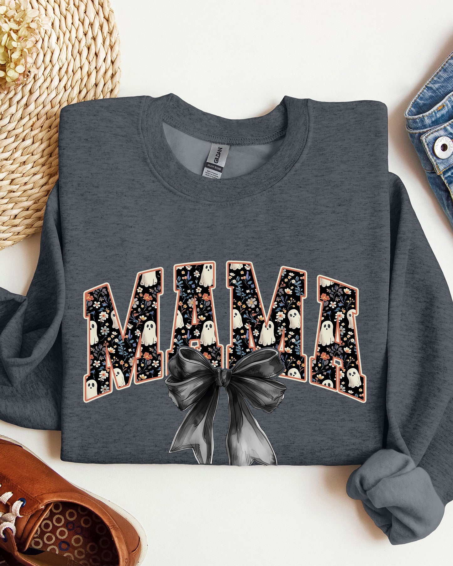 Mama, Halloween, Bow, Ribbon, Goth, Spooky, Witch, Varsity, Collegiate Sweatshirt