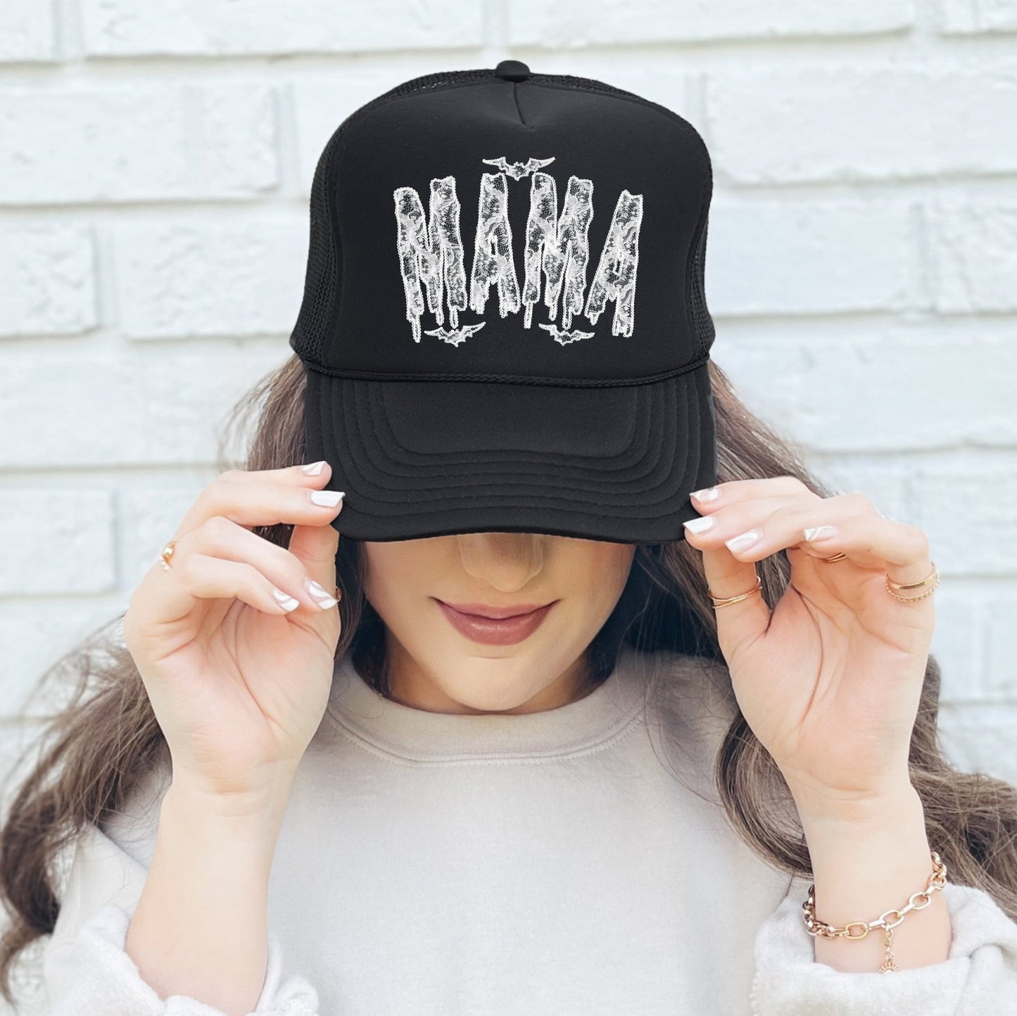 Mama, Halloween, Faux Lace, Halloween, Black Snapback Trucker Hat