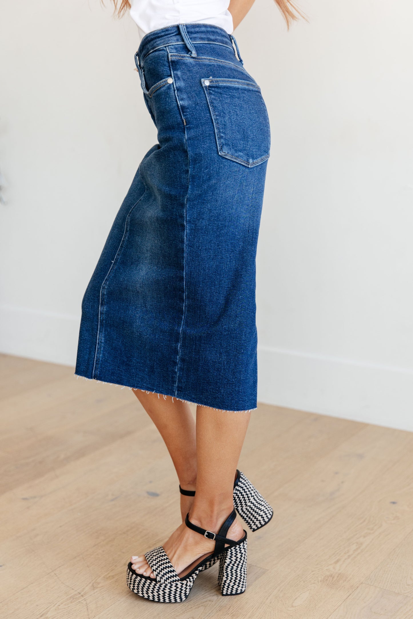 High Rise Dark Wash Denim Midi Skirt Marcy