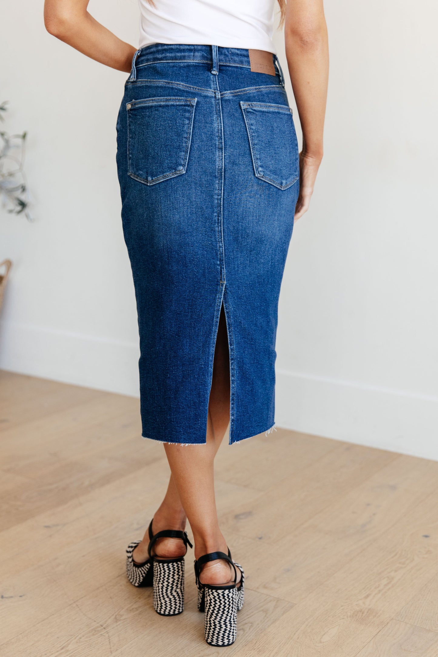 High Rise Dark Wash Denim Midi Skirt Marcy