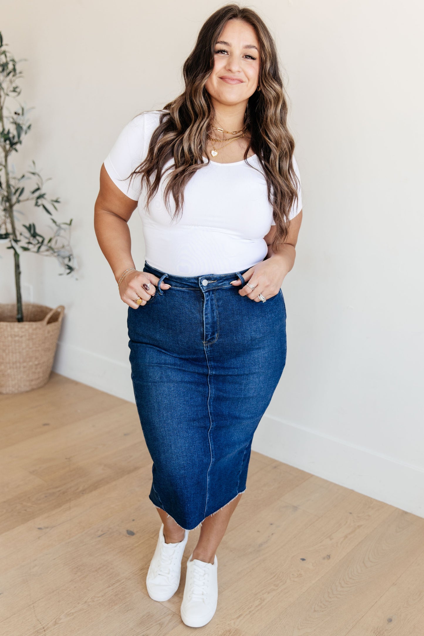 High Rise Dark Wash Denim Midi Skirt Marcy
