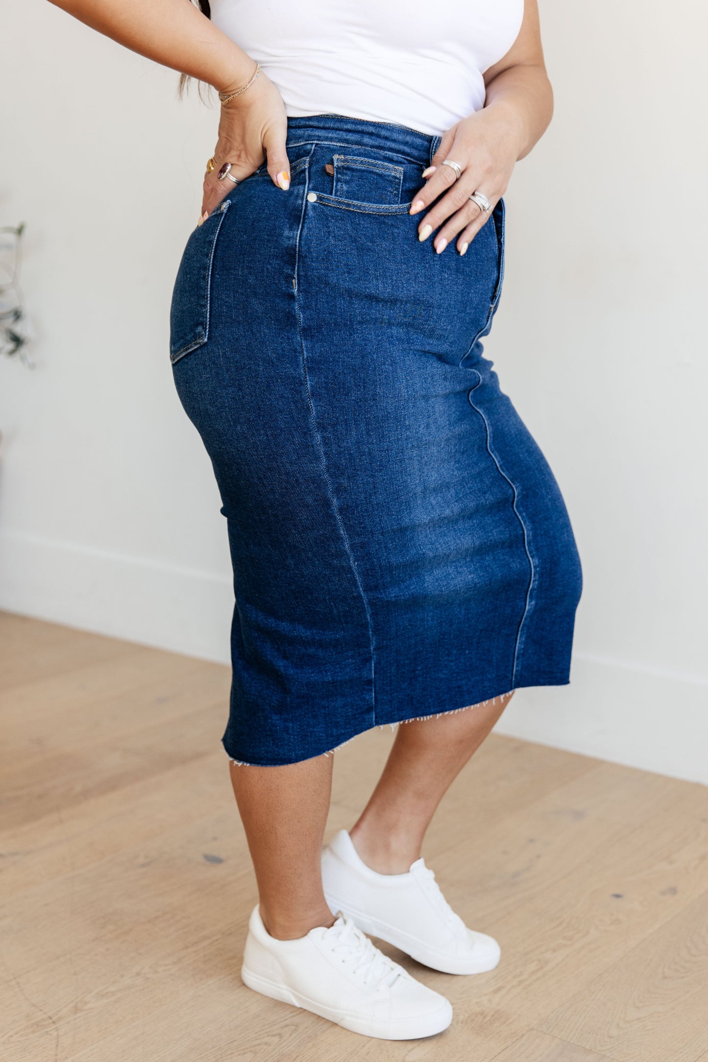 High Rise Dark Wash Denim Midi Skirt Marcy