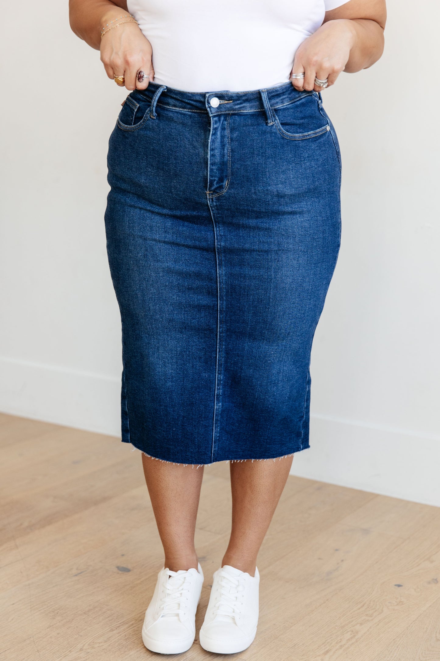 High Rise Dark Wash Denim Midi Skirt Marcy