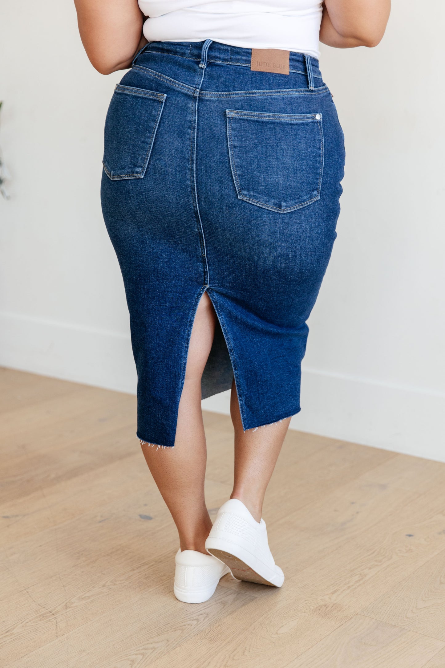 High Rise Dark Wash Denim Midi Skirt Marcy