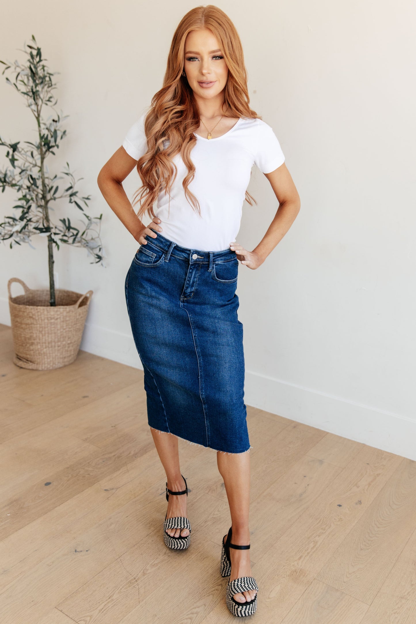 High Rise Dark Wash Denim Midi Skirt Marcy