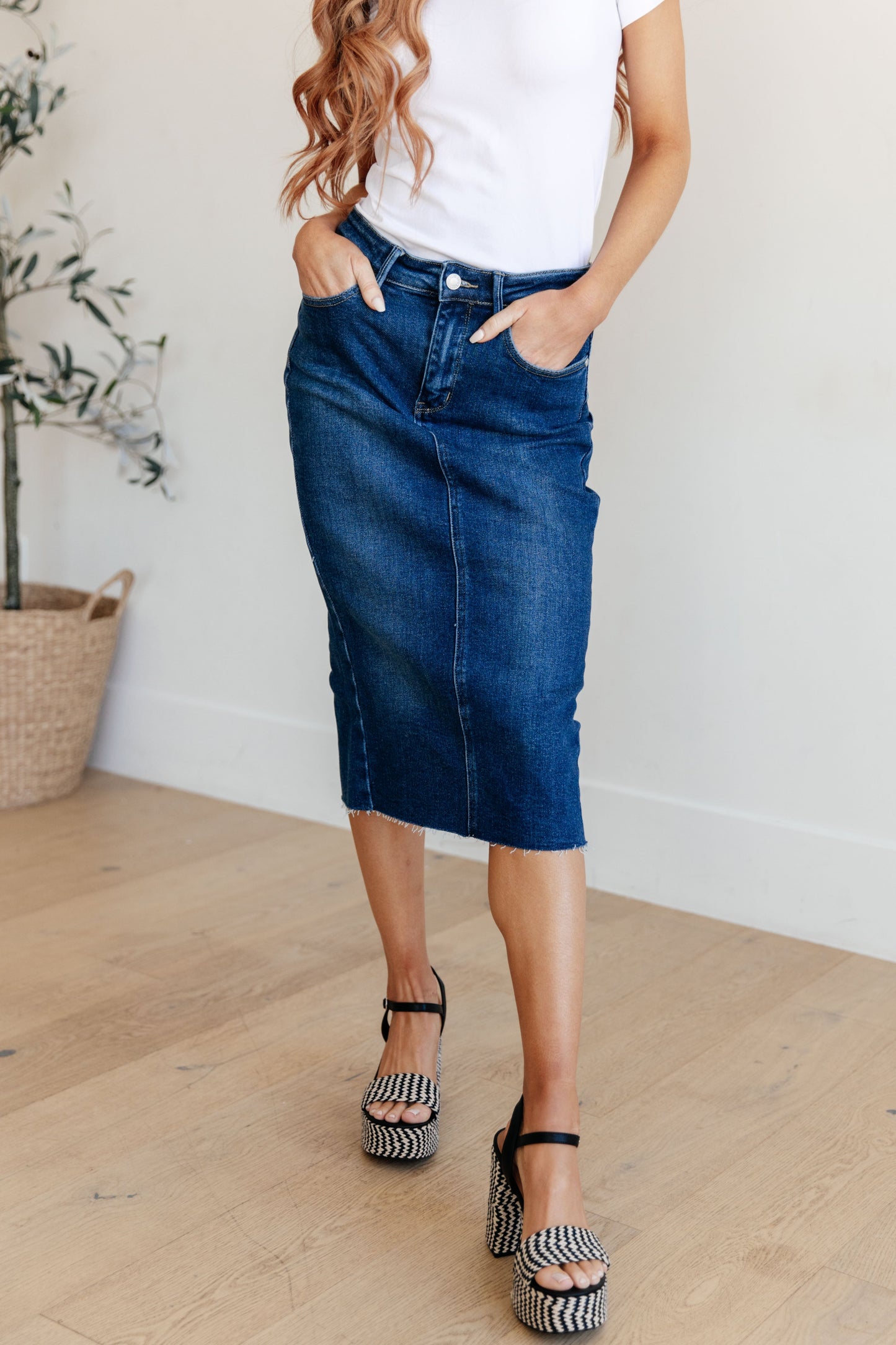 High Rise Dark Wash Denim Midi Skirt Marcy