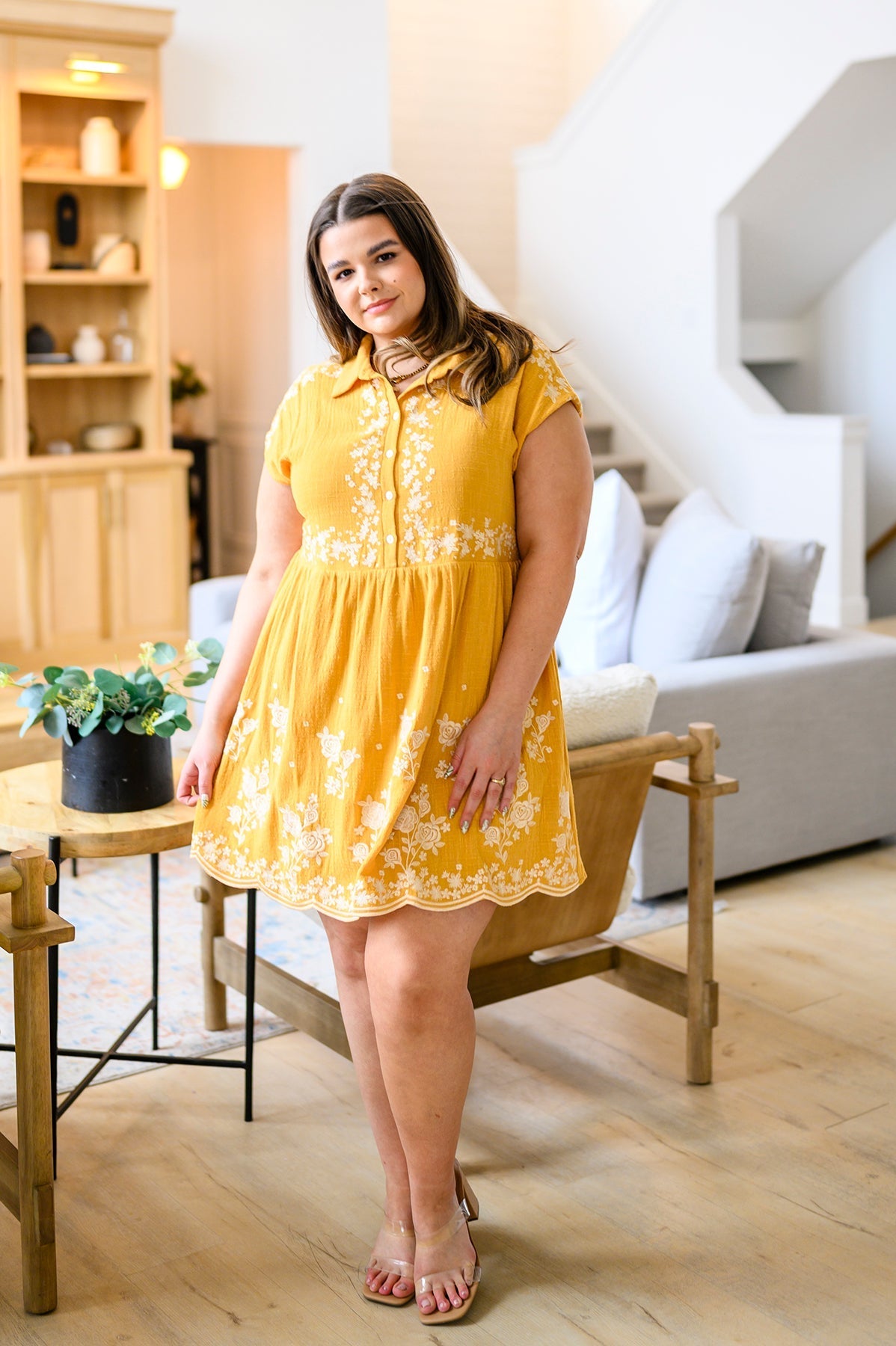 Marigold Embroidered Babydoll Dress Lightweight Rayon Cotton
